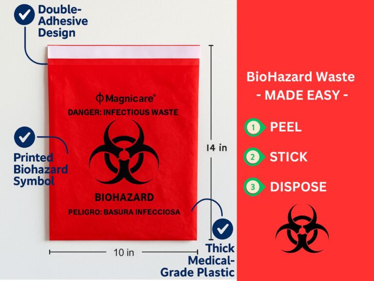 Magnicare Stick on Bio Hazard Bag PEEL, stick, dispose 14x10